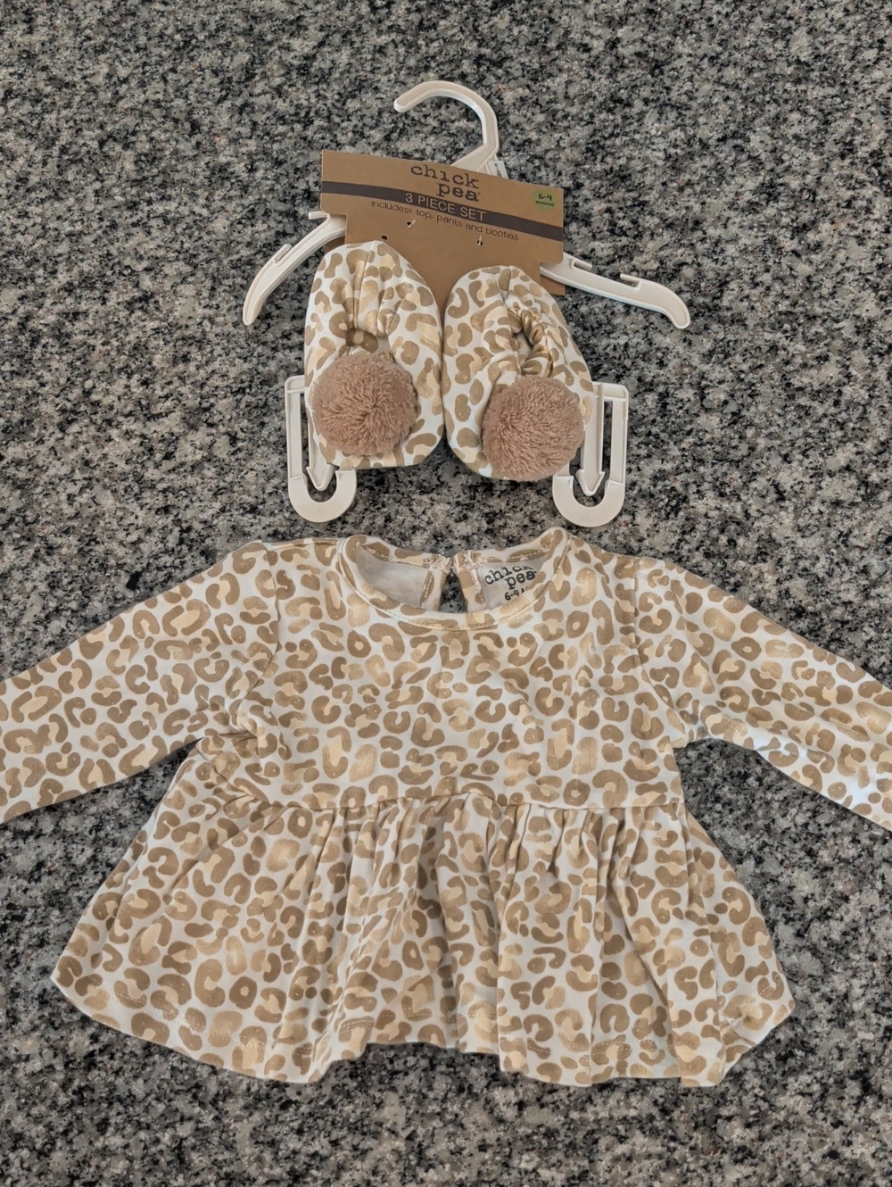 chick pea Tan and Cream Leopard Print Baby Top with Pom Booties